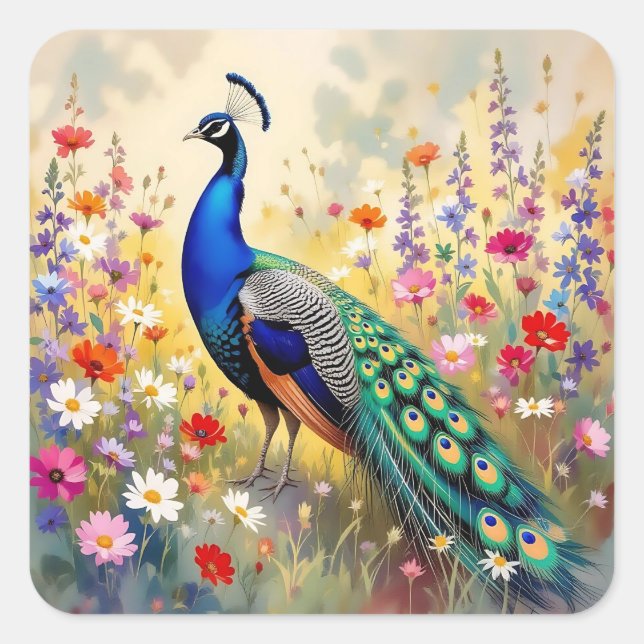 Lovely Peacock in Field of Flowers Square Sticker (Front)
