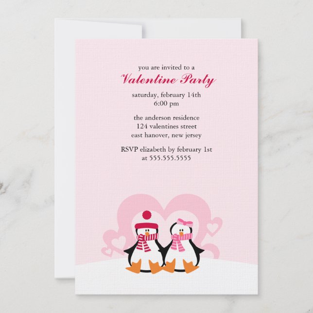 Lovely Penguin Couple Valentines Day Party Invitation (Front)