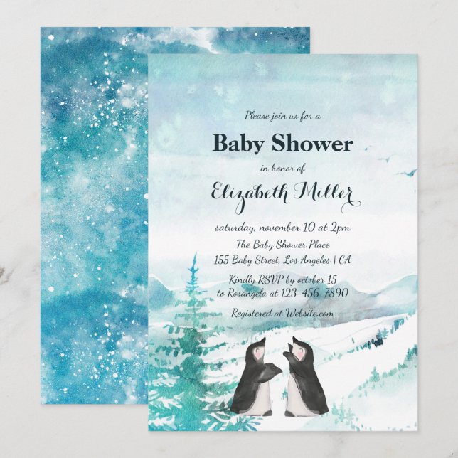 Lovely Penguin Snow Landscape Baby Shower Invitation (Front/Back)