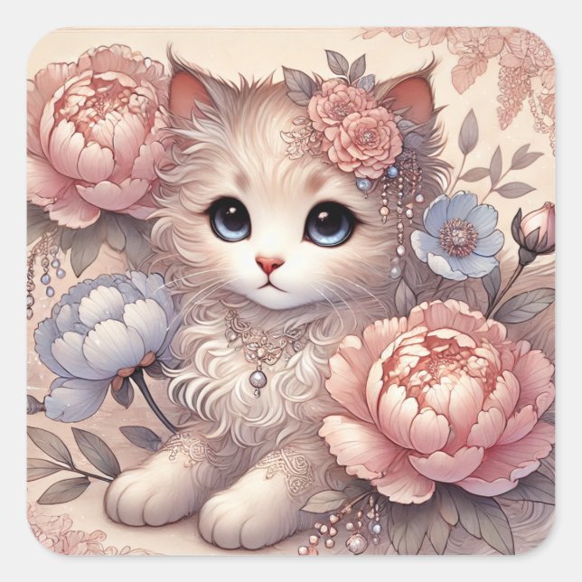 Lovely Peony Princess Cat Square Sticker (Front)