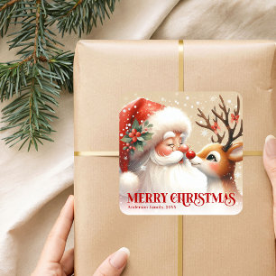 Lovely Personalized Santa Rudolph Merry Christmas Square Sticker