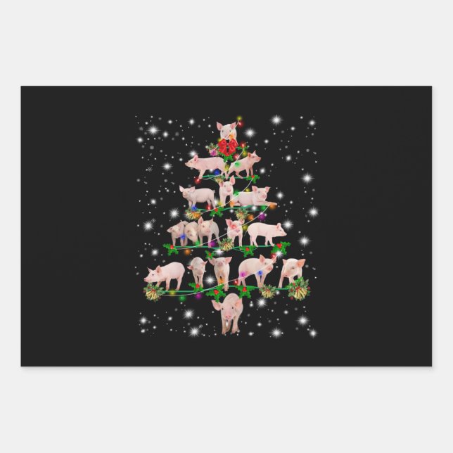 Lovely Pig Christmas Tree Covered By Flashlight Wrapping Paper Sheet (Front)