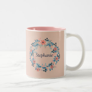 Lovely Pink and Blue Floral Wreath Two-Tone Coffee Mug