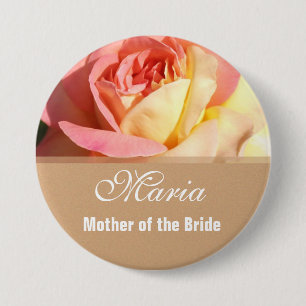 Lovely pink and yellow flower wedding name button. 7.5 cm round badge