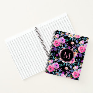 Lovely Pink Black Floral Monogram Notebook