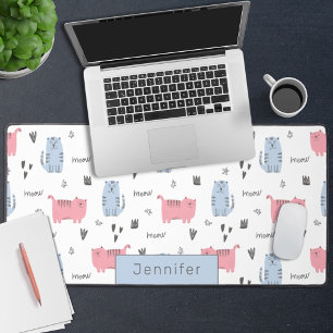 Lovely pink & blue cartoon cats with name desk mat