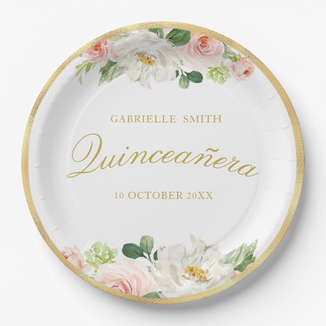 lovely pink blush floral Quinceanera  Paper Plate (Front)