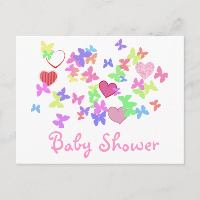 lovely pink butterflies and hearts baby shower invitation postcard (Front)