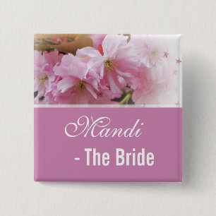 Lovely pink cherry blossom spring wedding bride 15 cm square badge