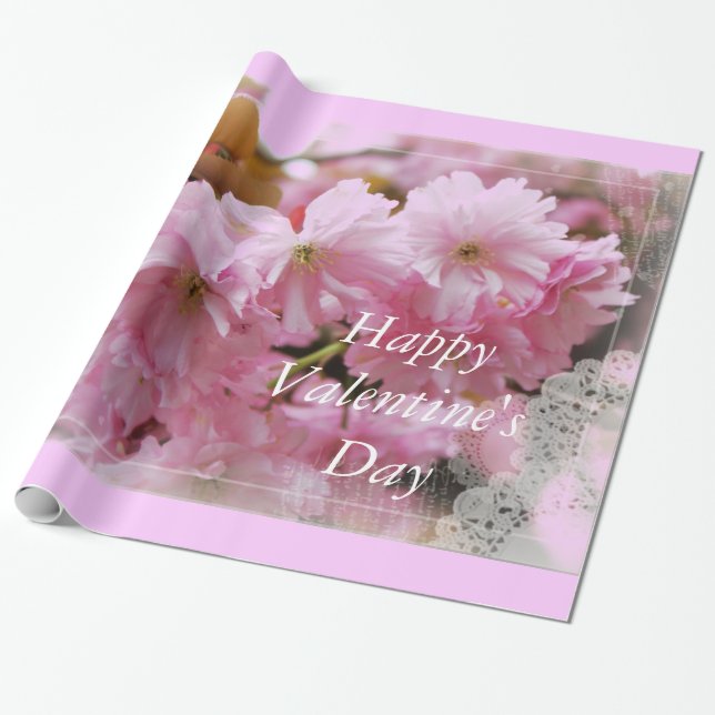 lovely pink cherry flowers happy valentine's day wrapping paper (Unrolled)