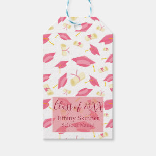 Lovely Pink Chic Graduation Cap in Diploma Pattern Gift Tags