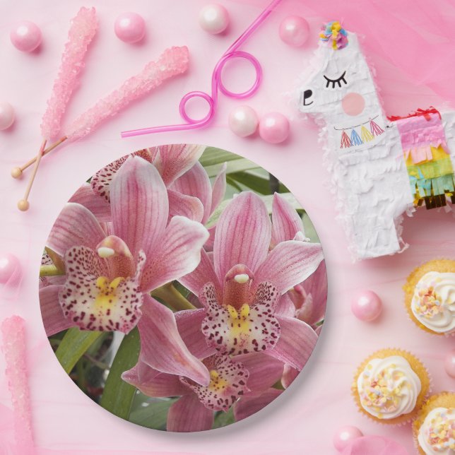 Lovely Pink Cymbidium Orchids Floral Paper Plate (Party)