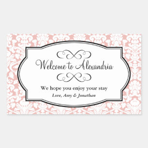 Lovely pink damask pattern out of town gift bag rectangular sticker