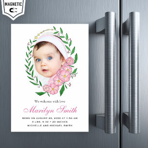 Lovely Pink Floral Wreath Photo Birth Announcement