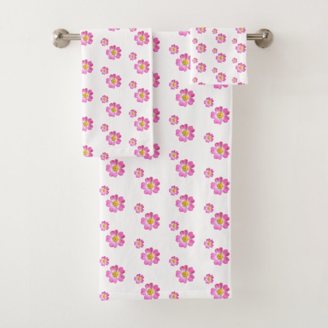 Lovely Pink Flowers on White Bath Towel Set (Insitu)