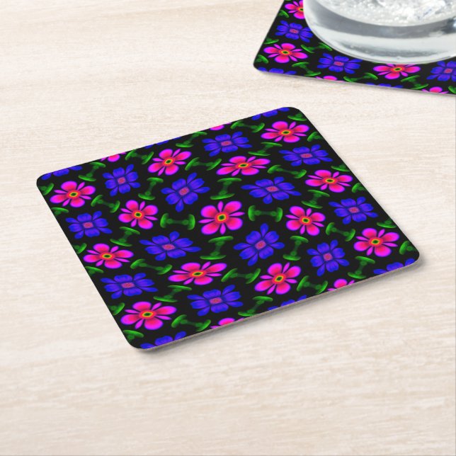Lovely Pink Flowers Pattern Square Paper Coaster (Angled)
