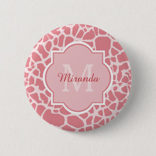 Lovely Pink Giraffe Pattern With Monogram and Name 6 Cm Round Badge