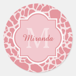 Lovely Pink Giraffe Pattern With Monogram and Name Classic Round Sticker