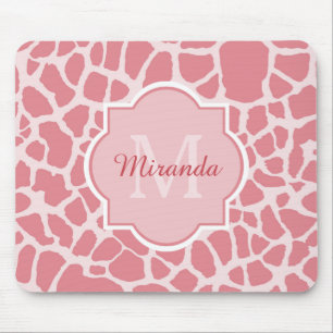 Lovely Pink Giraffe Pattern With Monogram and Name Mouse Mat