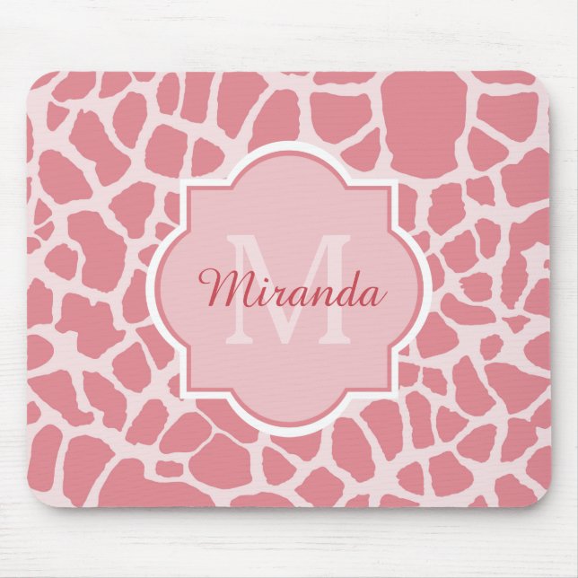Lovely Pink Giraffe Pattern With Monogram and Name Mouse Mat (Front)