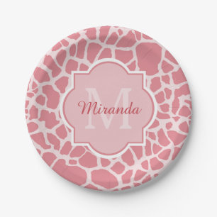 Lovely Pink Giraffe Pattern With Monogram and Name Paper Plate