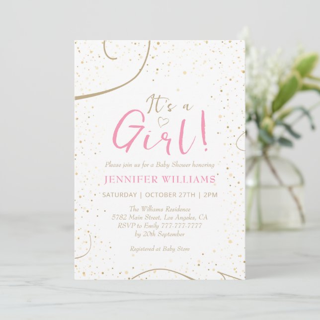 Lovely Pink Gold Girl Baby Shower Invitation (Standing Front)