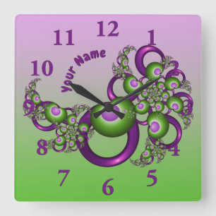 Lovely Pink Green Hearts Abstract Fractal Name Square Wall Clock