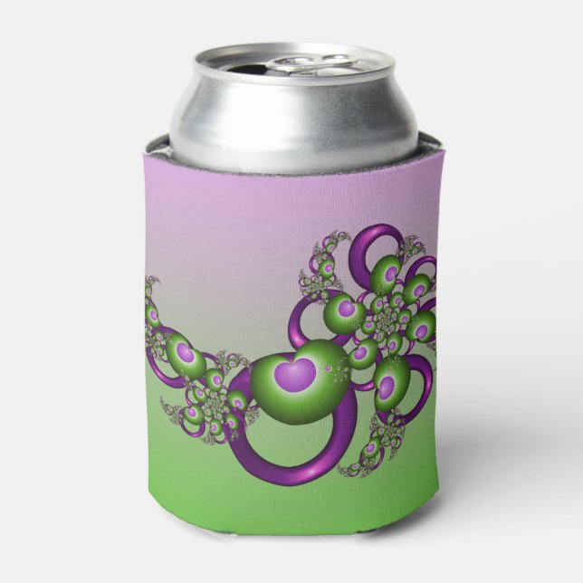 Lovely Pink Green Hearts Modern Abstract Fractal Can Cooler (Can Front)