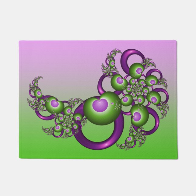 Lovely Pink Green Hearts Modern Abstract Fractal Doormat (Front)