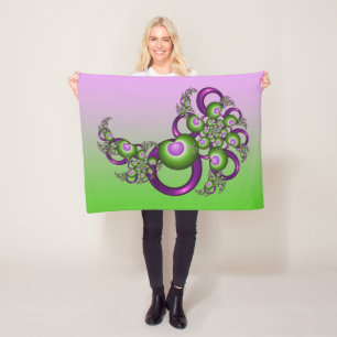 Lovely Pink Green Hearts Modern Abstract Fractal Fleece Blanket