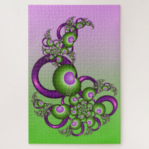 Lovely Pink Green Hearts Modern Abstract Fractal Jigsaw Puzzle