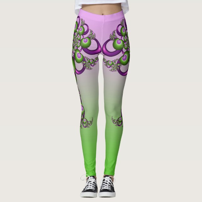 Lovely Pink Green Hearts Modern Abstract Fractal Leggings (Front)