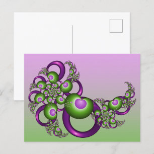 Lovely Pink Green Hearts Modern Abstract Fractal Postcard