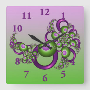 Lovely Pink Green Hearts Modern Abstract Fractal Square Wall Clock