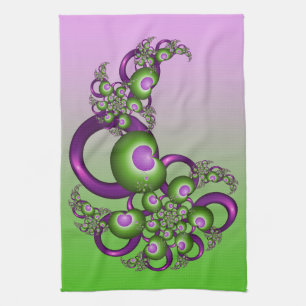 Lovely Pink Green Hearts Modern Abstract Fractal Tea Towel
