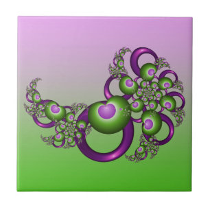 Lovely Pink Green Hearts Modern Abstract Fractal Tile