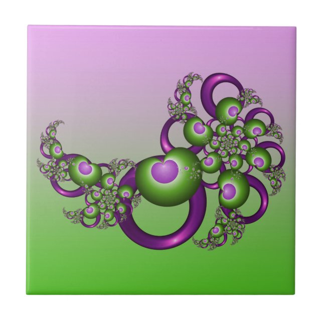 Lovely Pink Green Hearts Modern Abstract Fractal Tile (Front)