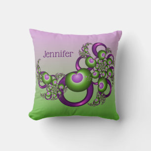 Lovely Pink Green Hearts Modern Fractal Name Cushion