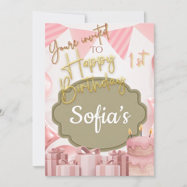 Lovely Pink Happy1st Birthday Invite  (Front)
