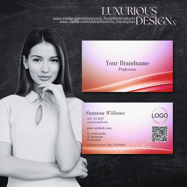 Lovely Pink Lilac Curved Decor Logo and QR Code Business Card (Creator Uploaded)