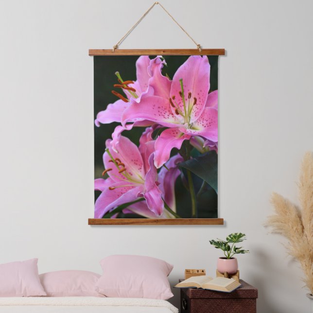Lovely Pink Lily Blooms Floral Hanging Tapestry (Bedroom)