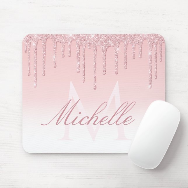lovely pink monogram glitter drip mouse mat (With Mouse)