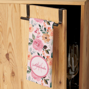 Lovely Pink, Orange Tan Floral Monogrammed Tea Towel