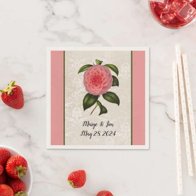 Lovely Pink Peony on Lacey Looking Damask and Name Napkin (Insitu)