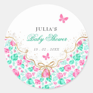 Lovely Pink Rose Floral Golden Bow Baby shower Classic Round Sticker