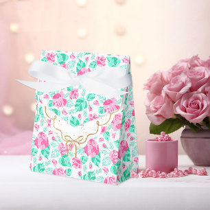 Lovely Pink Rose Floral Golden Bow Baby shower Favour Box