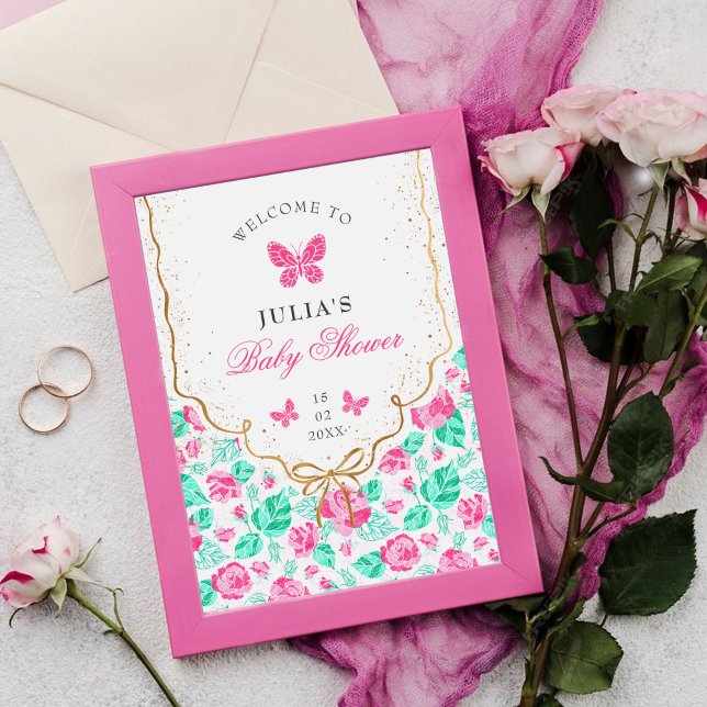 Lovely Pink Rose Floral Golden Bow Baby shower Poster (Creator Uploaded)