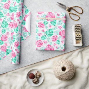 Lovely Pink Rose Floral Golden Bow Baby shower Wrapping Paper