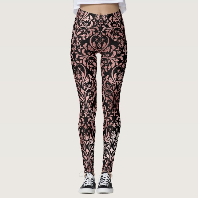 Lovely Pink Rose Gold Damask Black Leggings (Front)