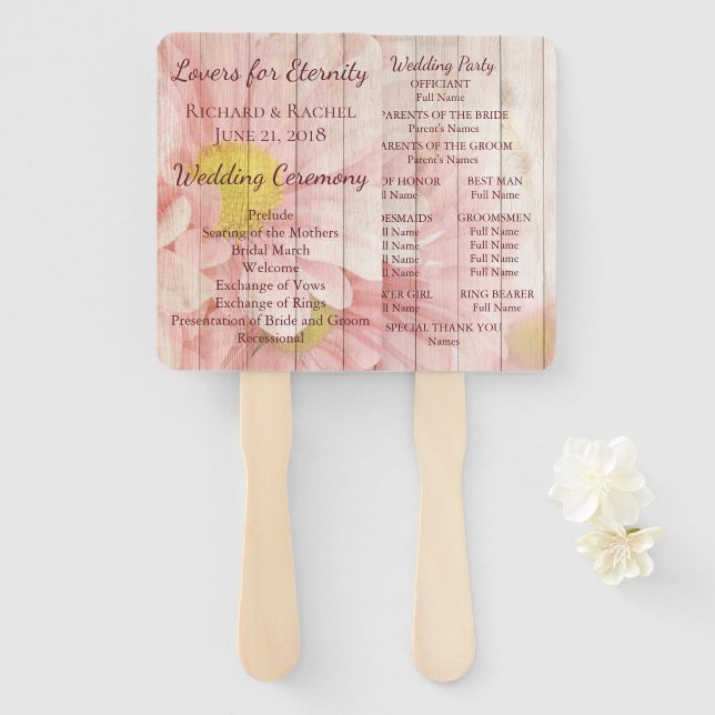 Lovely pink rustic floral wedding program hand fan (Front and Back)